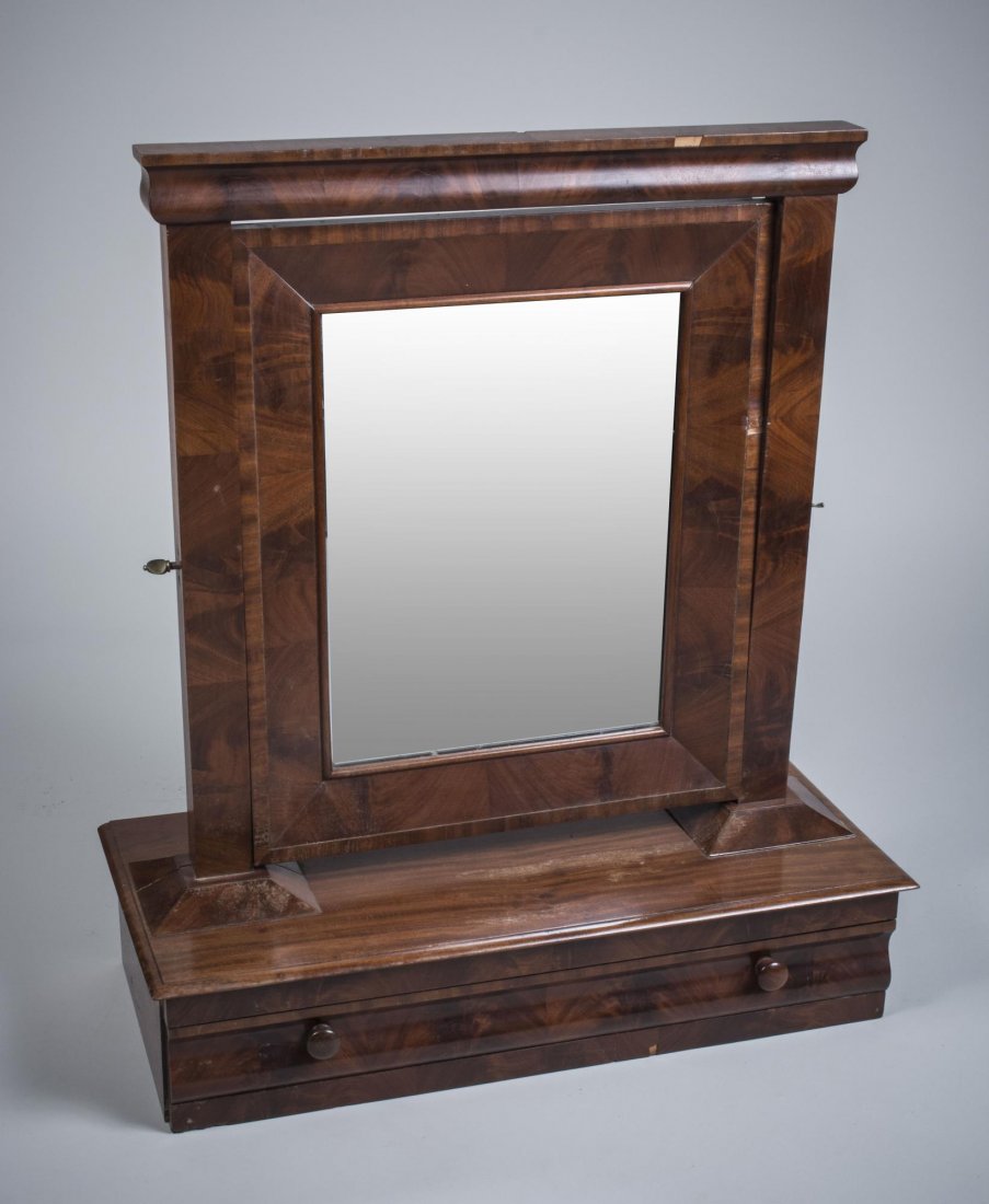 Mahogany Shaving Mirror: Molded cornice above an adjustable rectangular plate mirror, over a single drawer. Height 35 inches, width 30 inches, depth 15 inches.