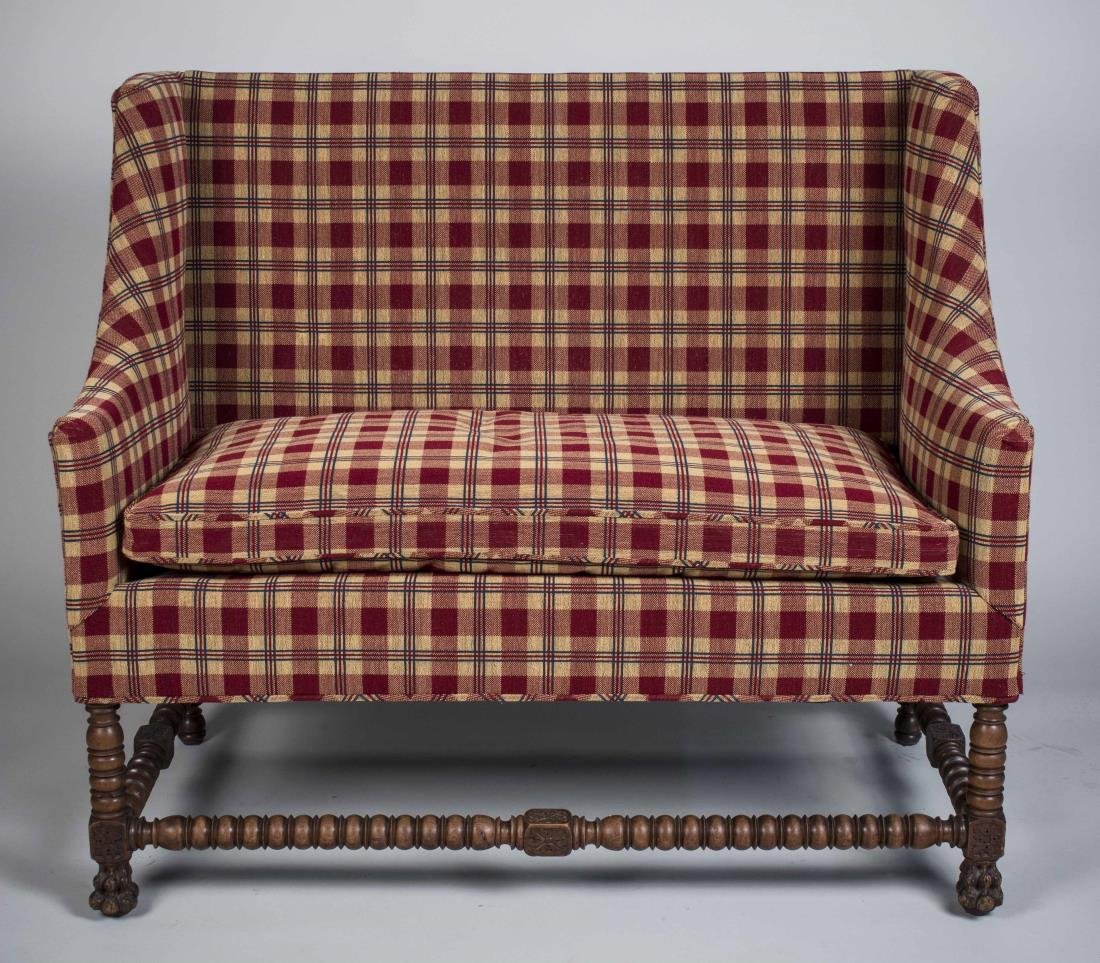 Plaid Upholstered Settee: Barley twist legs. Height 42 inches, width 48 inches, depth 27 inches.