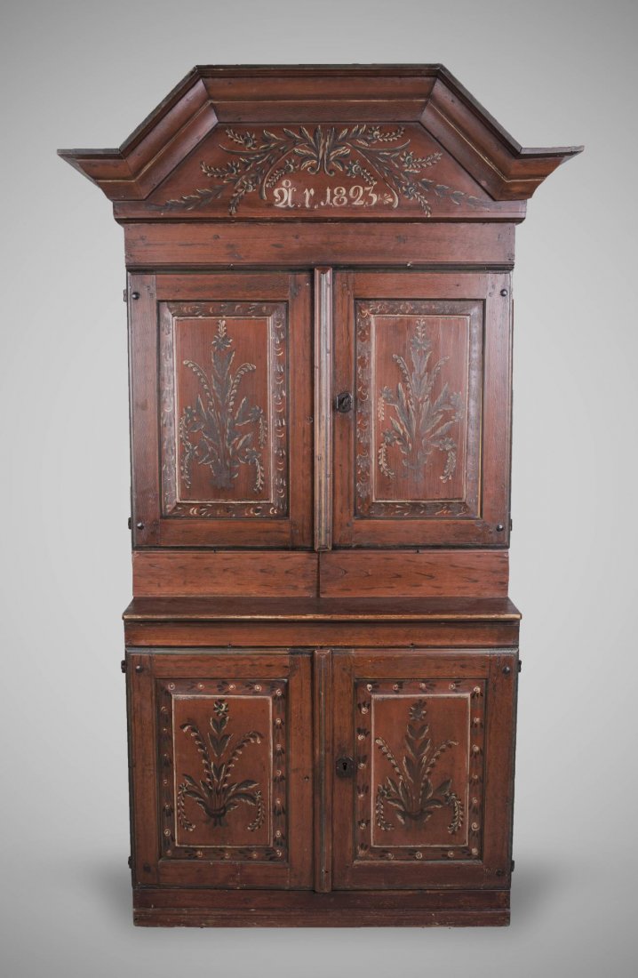Painted Hutch: Arched cornice over two pairs of doors. Height 6 feet 7 inches, width 40 inches, depth 20 inches.