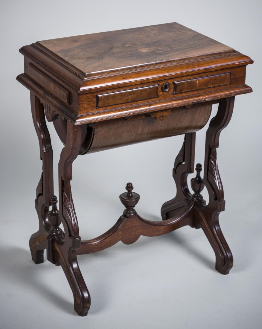 Walnut Lift Top Work Table: Stepped left top, trestle base. Height 28 inches, width 22 inches, depth 16 inches.
