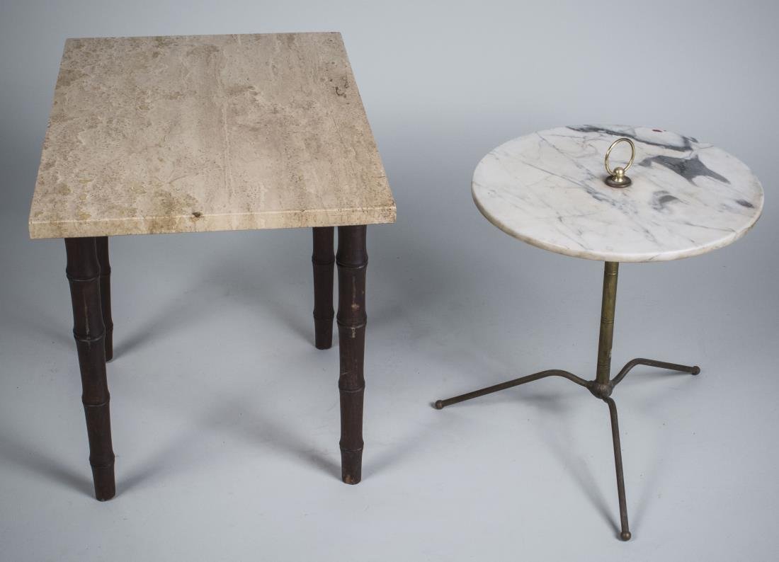 Two Small Marble Top Tables: One with a rectangular travertine marble top on faux bamboo round tapered legs, the other with a circular white marble top on a faux bamboo support on a tripod stand. Travertine table, height 20 inche