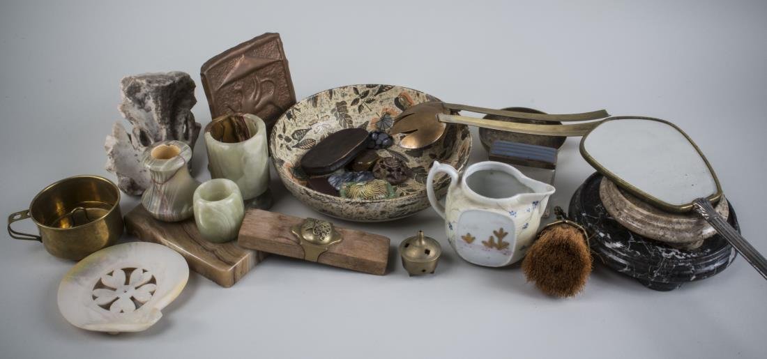 Miscellaneous Group of Table Articles: Including a handheld mirror, a blotter, bowls, vases, dishes, etc. Various sizes.