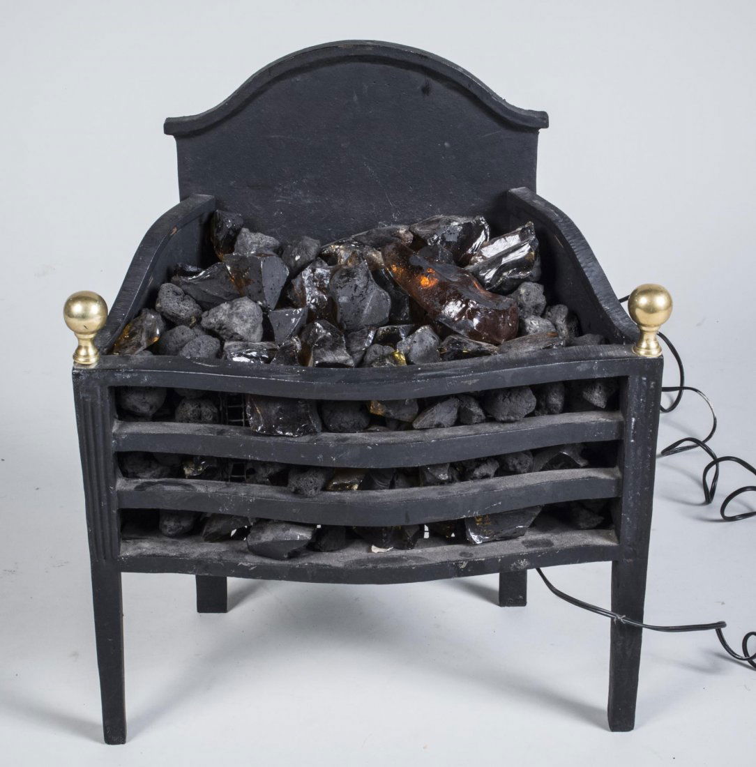 Edwin Jackson Fireplace Grate: Electrified, with glass and coal decoration. Height 21 inches, width 19 inches, depth 11 inches.