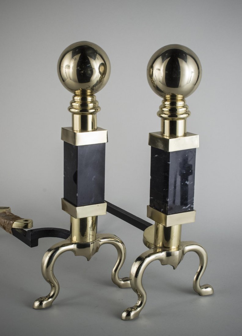 Pair of Brass and Marble Andirons: Canon ball tops on marble square columns, scrolled brass legs. Height 19 1/2 inches.