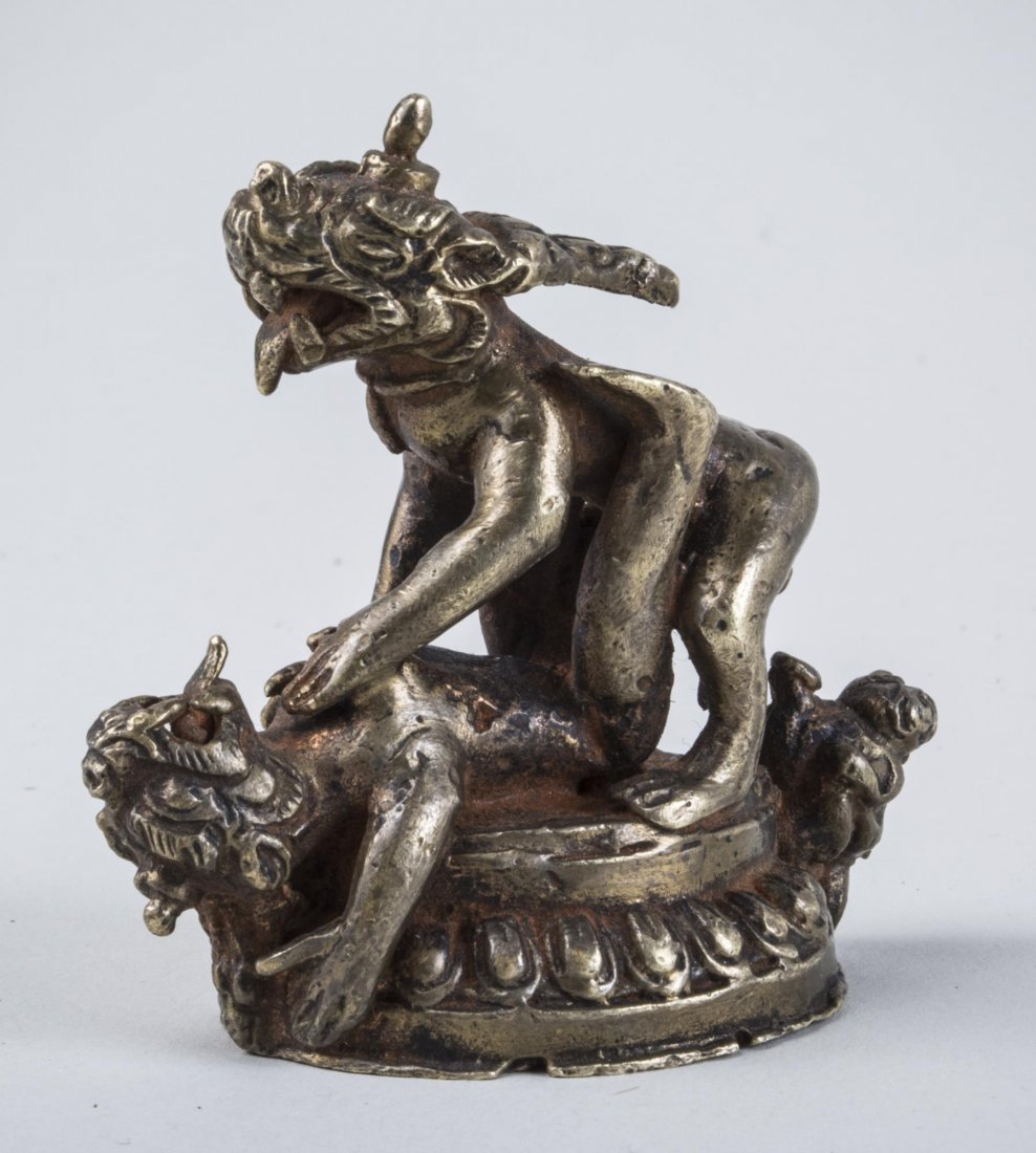 Chinese Erotic Bronze: Modeled with dragon heads. Height 2 1/2 inches.