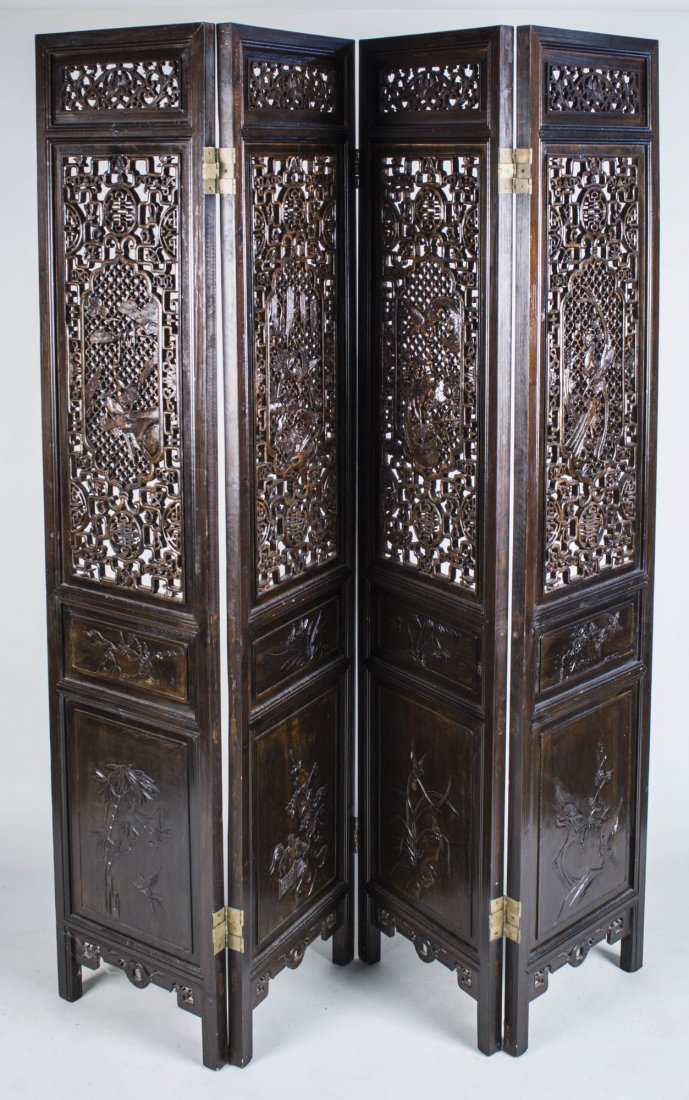 Chinese Hardwood Carved Screen: Four panels depicting bird and symbol decorations. Height 6 feet 9 inches, panel width 17 1/2 inches.