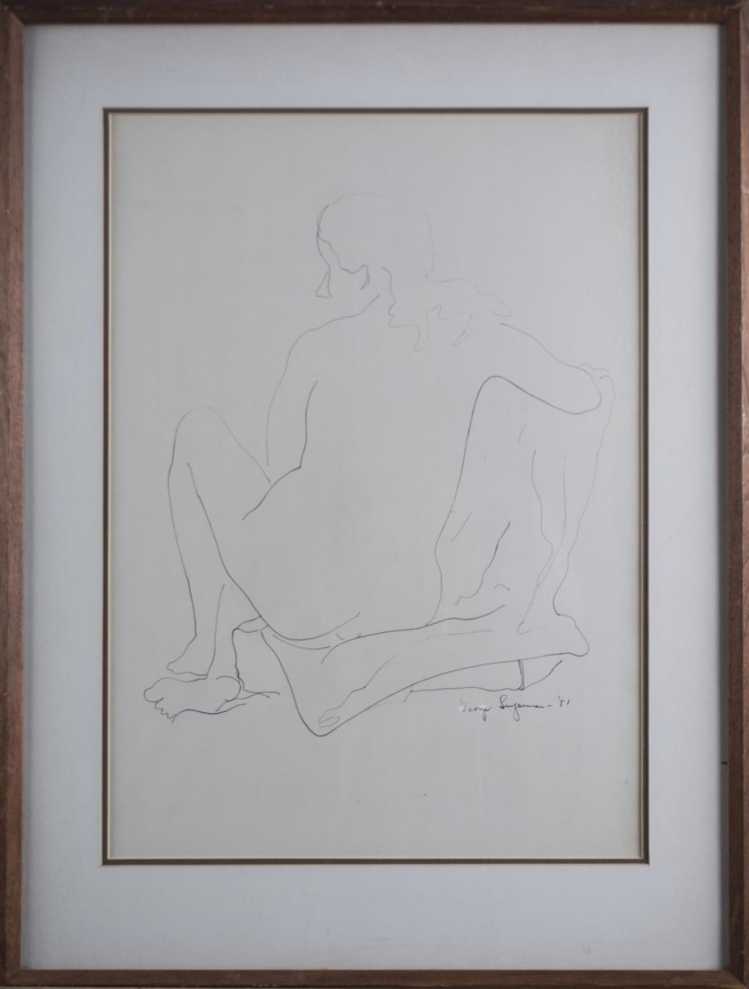 George Sugarman (American, 1912-1999): Nude. Ink on paper, 1951. Signed and dated (l.r.). Sight size 18 1/2 x 13 1/2 inches. Matted and framed.