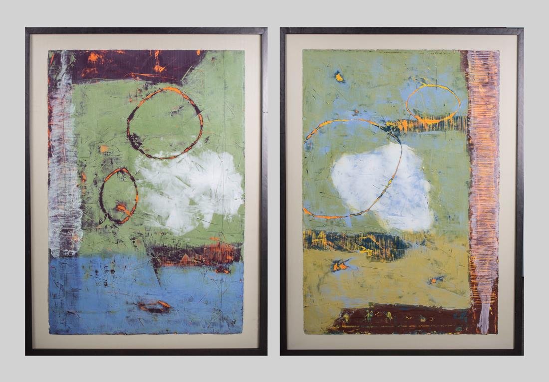Two works by Dieka Rae (Unkown): Untitled Abstracts. Mixed media on paper. Each signed (l.r.). Sheet size 30 x 44 inches. Each Mounted and framed.