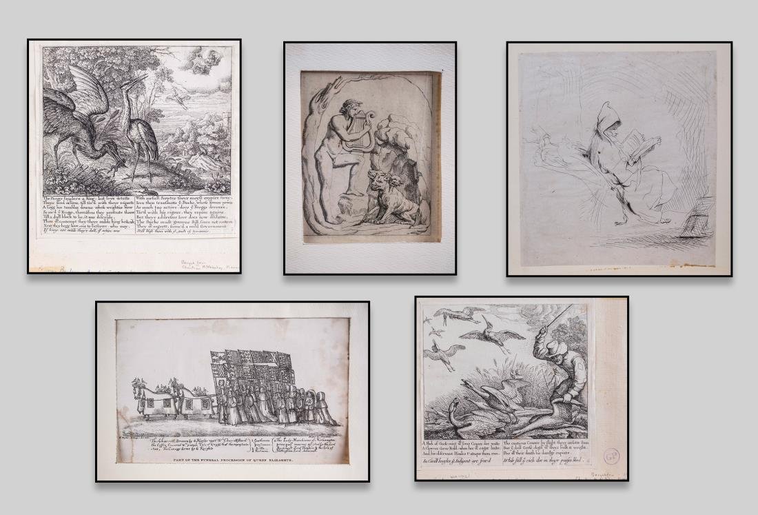 Five Prints (17th-19th Century): Mostly allegorical themes, Including two Plates from Aesop's Fables by Francis Barlow. Etchings and engravings on paper. Largest sight size 6 1/2 x 6 1/4 inches. Matted.