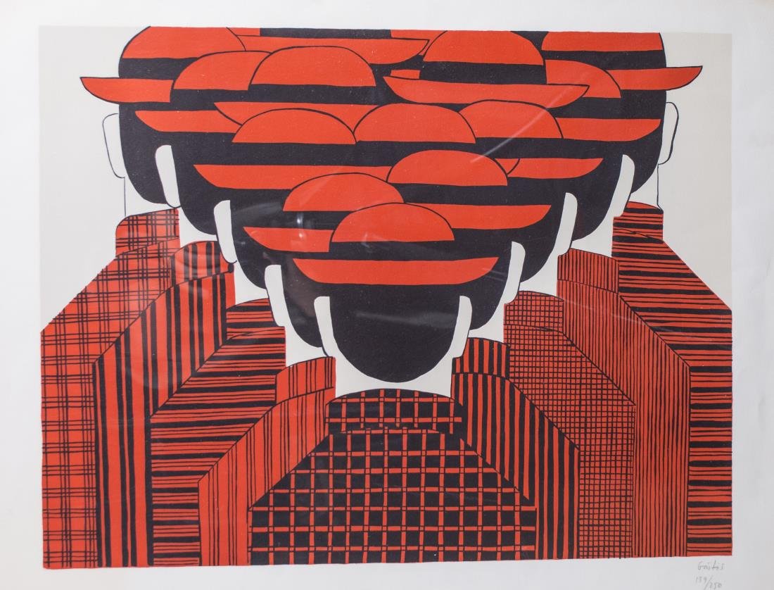 Yannis Gaitis (Greek, 1923-1984): Talking Heads. Silkscreen on paper. Signed and numbered 139/250 (l.l.). Sheet size 23 1/2 x 30 1/2 inches. Framed.