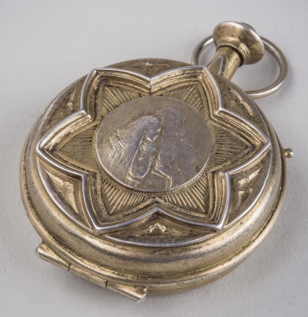 Gorham Sterling Silver Pyx: Raised decoration of Christ with a chalice. Diameter 1 3/4 inches, 38 grams.