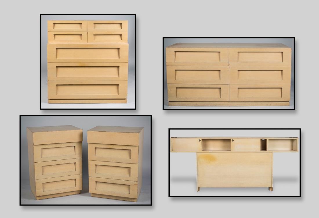 Albert Light Oak Bedroom Set: Shelbyville, Indiana, five piece suite comprising a headboard, pair of night stands, chest and dresser. Dresser: Height 36 inches, width 5 feet 6 inches, depth 20 inches.