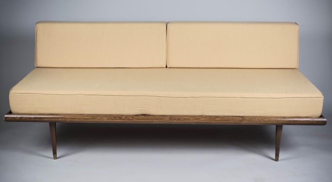 George Nelson for Herman Miller Daybed: Floating backrest supported by vertical steel rods, cushion and bolsters, raised on tapered legs. Frame height, 30 inches, width 6 feet 2 inches, depth, 35 inches.