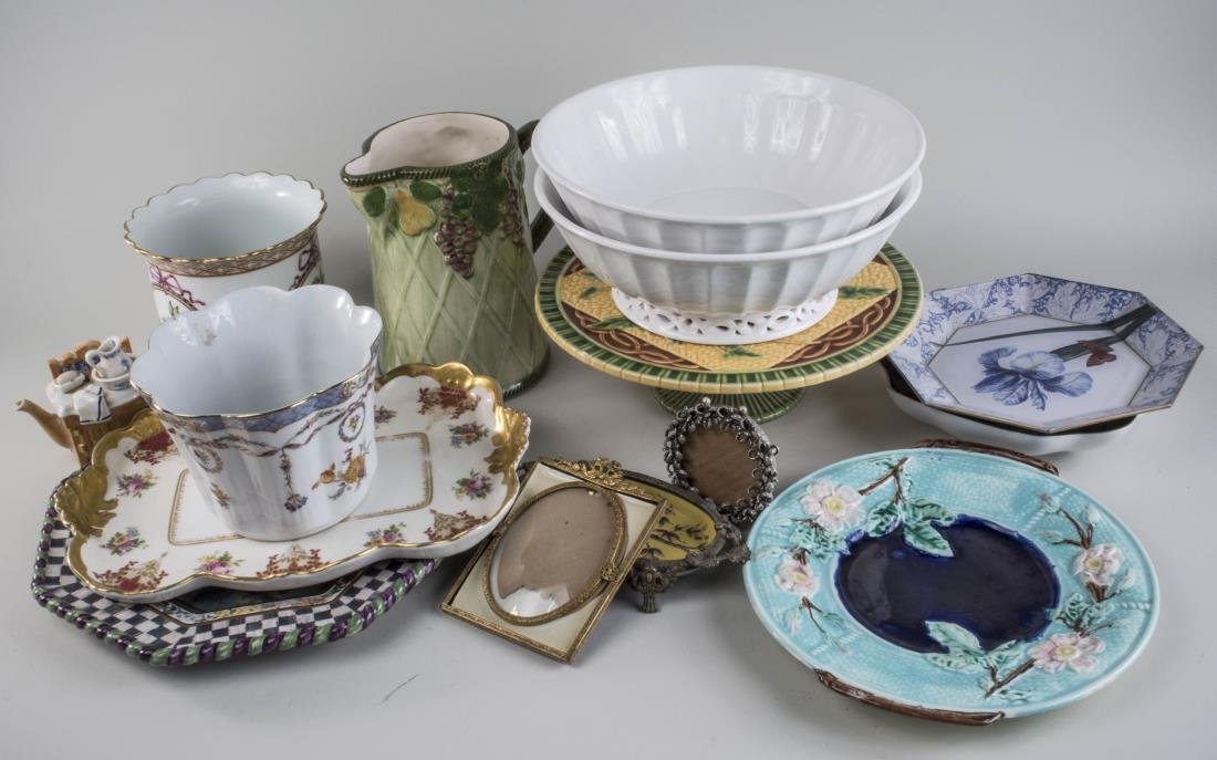 Group of Ceramic Table Decorations: Including cachepots, bowls, compote, trays, pitcher, etc. Pitcher, height 8 inches.