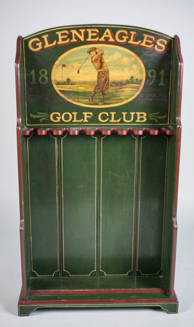 Golf Glen Eagles Club Painted Rack: Dated 1891. Height 53 inches, width 28 inches, depth 8 inches.