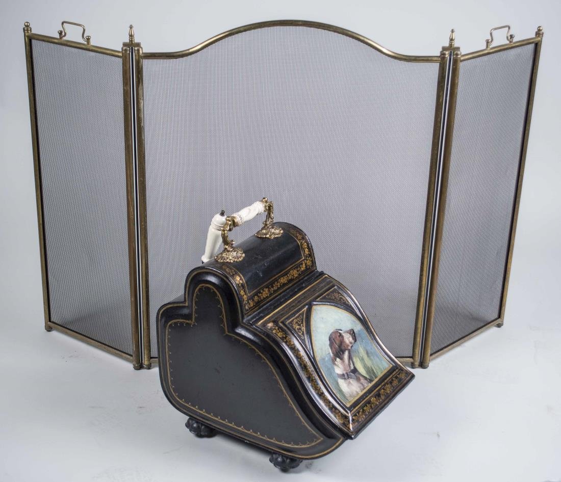 Victorian Tole Painted Coal Bin: Late 19th - early 20th century, decorated with a spaniel. Together with a brass fire screen. Coal bin height 16 inches.