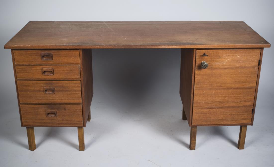 Executive Style Double Pedestal Desk: Rectangular top on two pedestal supports with drawers, on square legs. Height 29 inches, width 59 inches, depth 22 inches.
