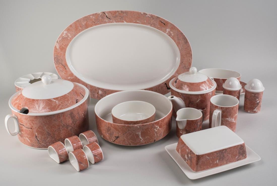 Villeroy & Boch Porcelain Dinner Service: Approximately one hundred and twenty eight pieces, Siena pattern, comprising nine chargers, twelve dinner plates, twelve salad plates, twelve soup plates, twelve bowls, twelve cups, twelve saucers, tw