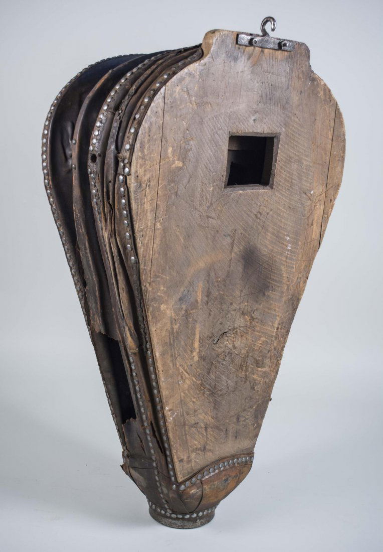 Monumental Bellows: Leather and wood with nailhead decoration. Height 56 inches.