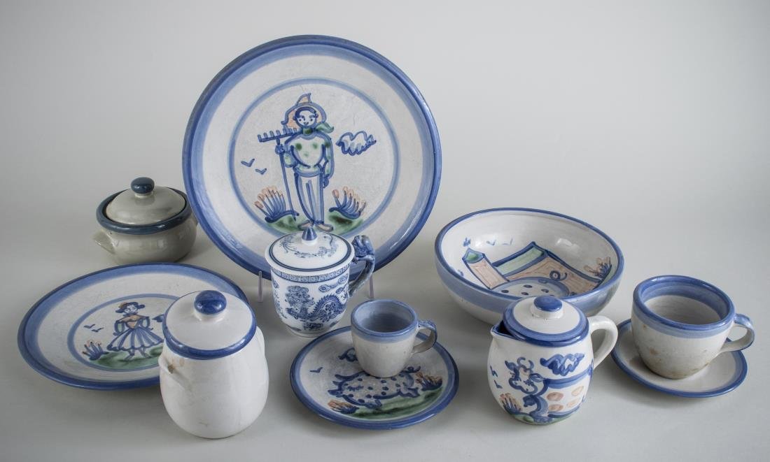 M.A Hadley Pottery Dinner Service: Plates, cups and saucers. Plate diameter 11 inches.