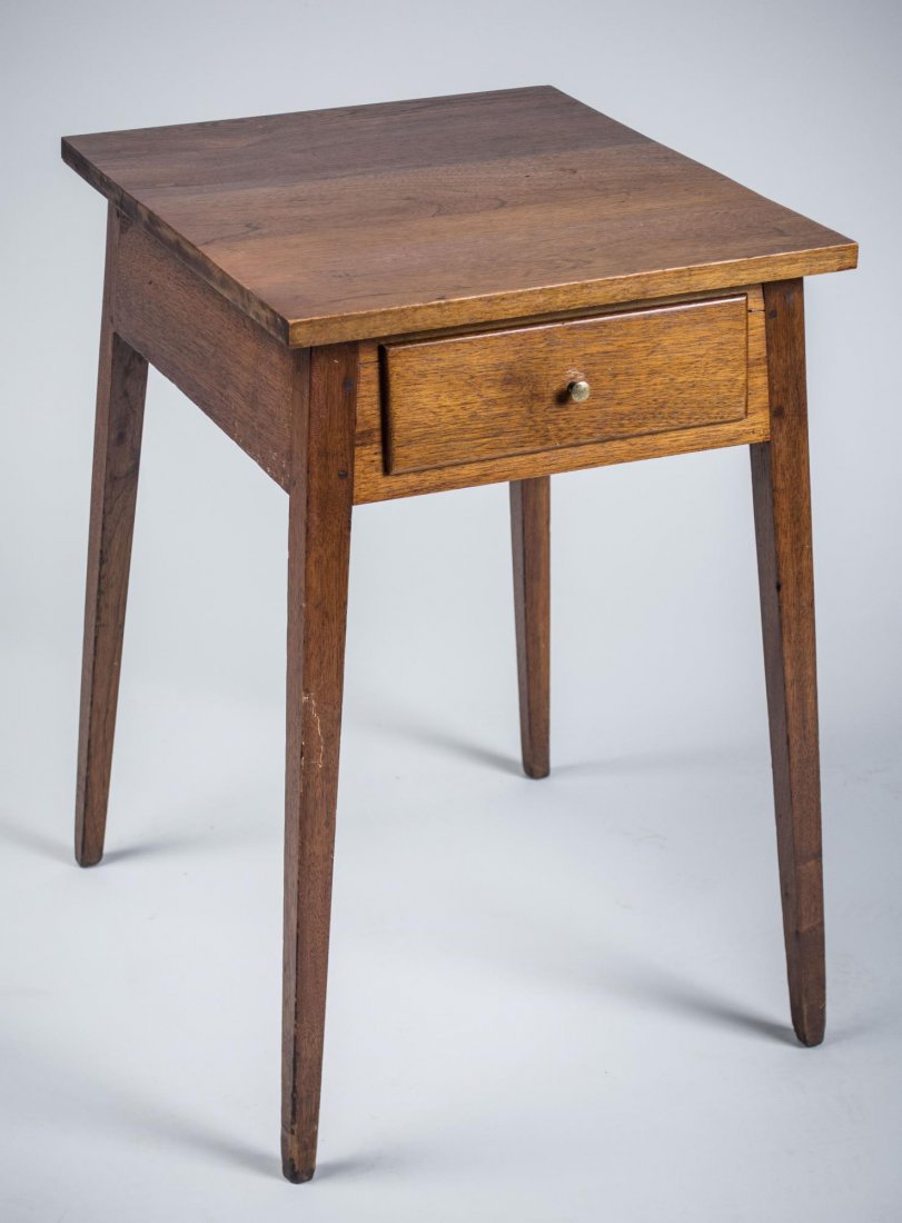 Hepplewhite Stand: Rectangular top over a single drawer, square tapered legs. Height 26 inches, width 17 inches, depth 19 inches.