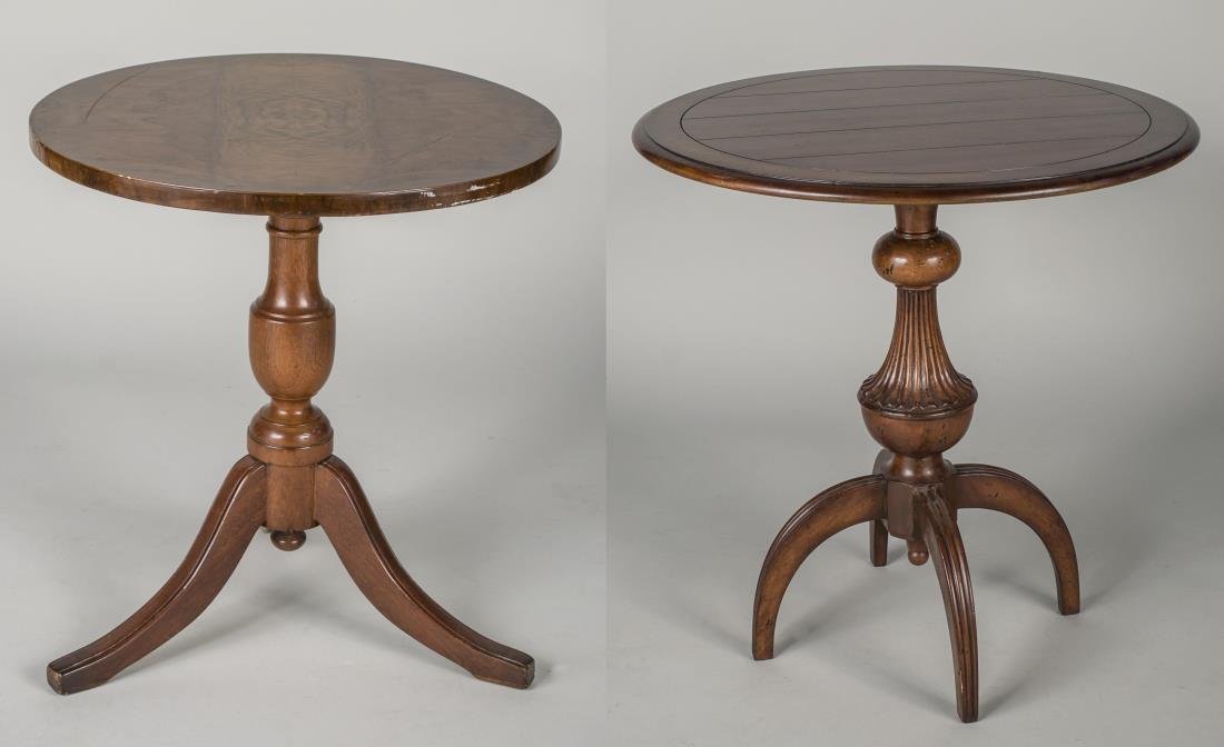 Two Fruitwood Drinks Tables: Both with circular top on pedestal one with three curule legs, the other with a tripod base. Height 27 inches, diameter 25 1/2 inches.
