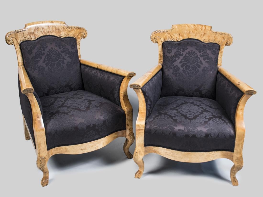 Pair of Biedermeier Armchairs: Each with tablet crest rail, outscrolled arms and short cabriole legs, black damask upholstery. Height 38 inches, width 31 inches, depth 33 inches.
