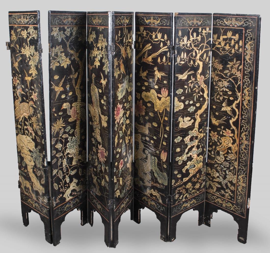 Chinese Coromandel Screen: Decorated with a pagoda scene. Height 56 inches, width of each panel, 11 1/2 inches.