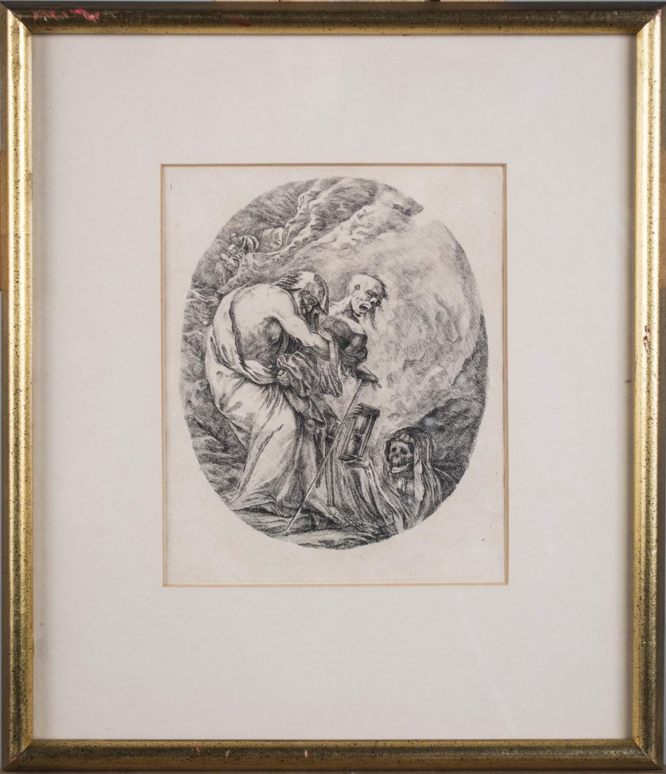 Stefano della Bella (Italian, 1610-1664): Death Scene. Etching on paper. Sight size 7 1/2 x 6 inches. Matted and framed. Notice to bidders: Condition reports and additional photographs are provided by request as a courtesy to our clients, as