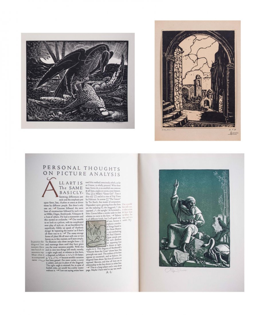Three Prints: (1) Morales. Untitled. Woodblock on paper, 1931. Signed (l.r.), titled illegibly and dated (l.l.). Image size 9 3/8 x 7 inches. Mounted. (2) Roderick Fletcher Mead (American, 1900-1971). Bird of Prey.