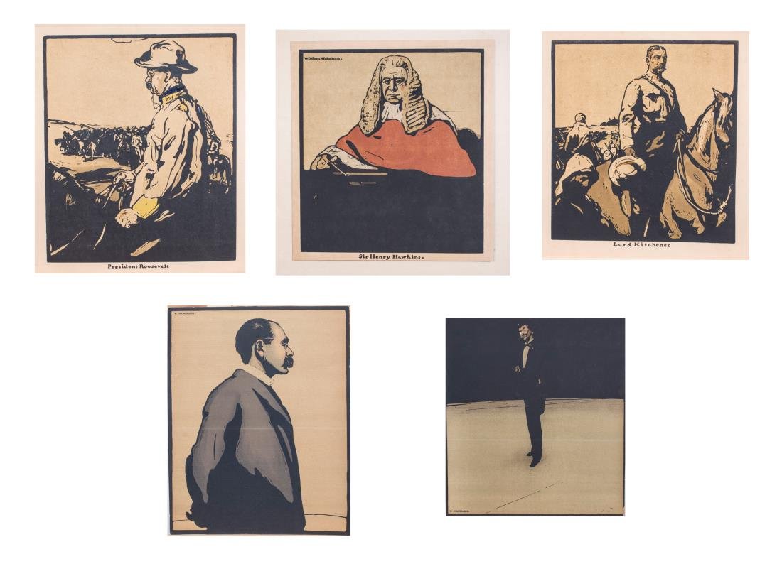 William Nicholson (British, 1872-1949): Whistler, Kipling, Roosevelt, Kitchener, and Hawkins. Lithographs on paper. Each signed. Largest image size 11 x 10 inches. Unframed. Notice to bidders: Condition reports and additional photographs ar
