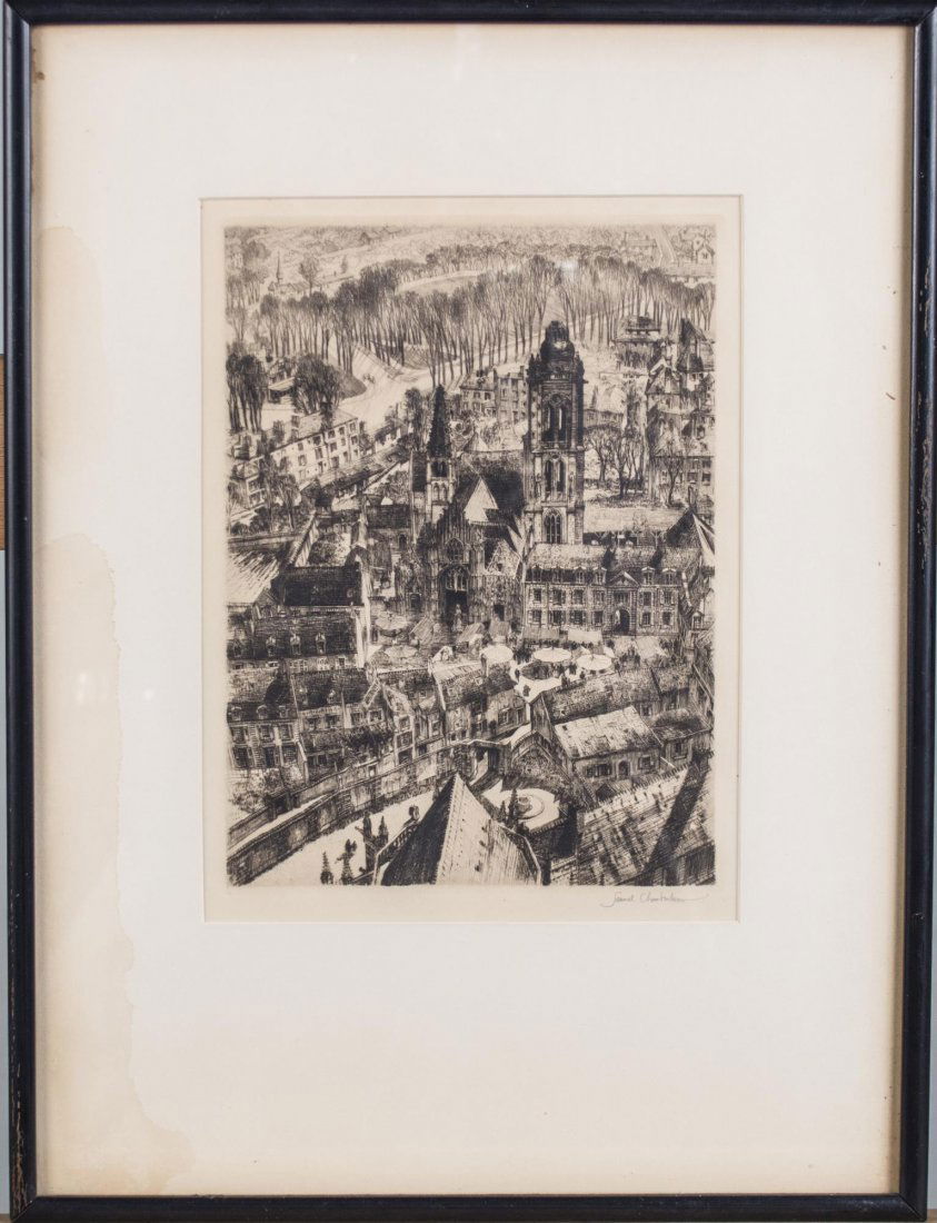 Samuel Chamberlain (American, 1895-1975): Market Place Senlis. Drypoint etching on paper, 1939. Signed (l.r.). Image size 9 x 6 inches. Matted and framed. Notice to bidders: Condition reports and additional photographs are provided by request