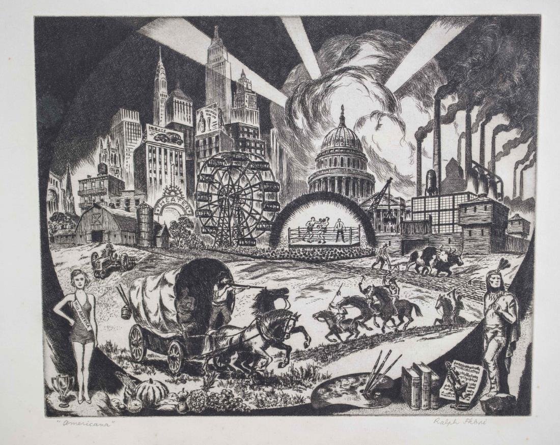 Ralph Fabri (American/Hungarian, 1894-1975): Americana. Etching on paper, 1947. Signed (l.r.), titled (l.l.). Image size 8 x 9 3/4 inches. Unframed. Notice to bidders: Condition reports and additional photographs are provided by request as a cou