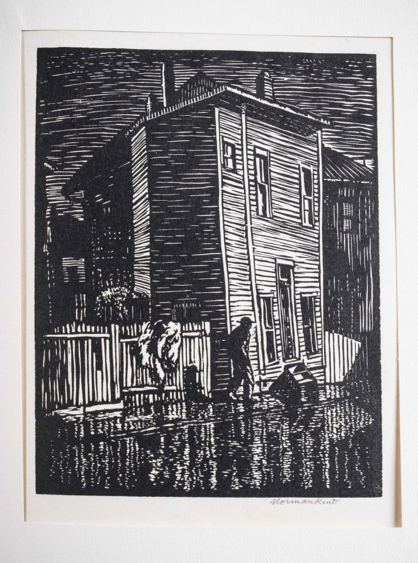 Norman Kent (American, 1903-1972): Queer House. Woodcut on paper, 1951. Signed (l.r.). Image size 7 3/4 x 6 inches. In portfolio. Notice to bidders: Condition reports and additional photographs are provided by request as a courtesy to 