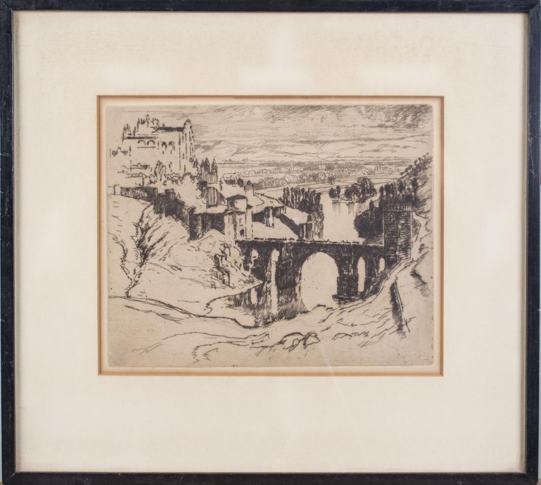 Joseph Pennell (American, 1857-1926): Untitled. Etching on paper. Sight size 8 x 10 inches. Matted and framed. Notice to bidders: Condition reports and additional photographs are provided by request as a courtesy to our clients, as such a