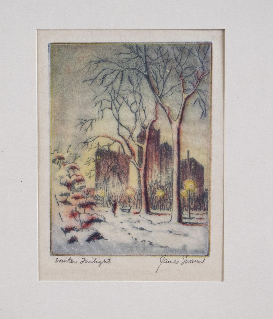 James Swann (American, 1905-1985): Winter Twilight. Colored etching on paper, 1947. Signed (l.r.), titled (l.l.). Image size 4 x 3 inches. In Portfolio. Notice to bidders: Condition reports and additional photographs are provided by re