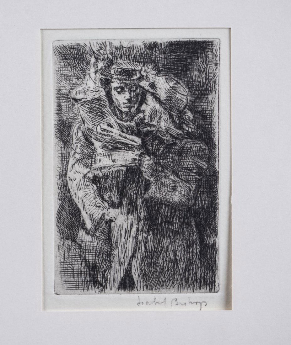 Isabel Bishop (American, 1902-1988): In the Bus. Etching on paper, 1950. Signed (l.r.). Image size 5 x 3 inches. In portfolio. Notice to bidders: Condition reports and additional photographs are provided by request as a courtesy to our c