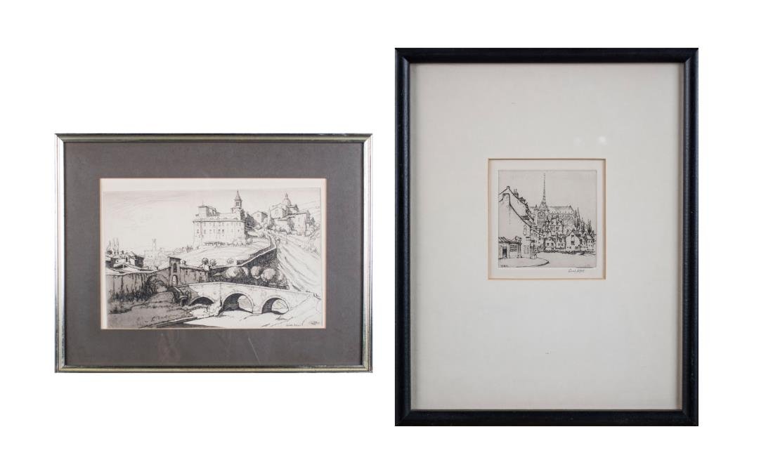 Two by Ernest David Roth (American, 1879-1964): Spoleto and Amiens. Etchings on paper, 1951. Each signed (l.r.). Larger sight size 9 1/2 x 14 1/2 inches. Both matted and framed. Notice to bidders: Condition reports and additional photographs are pr