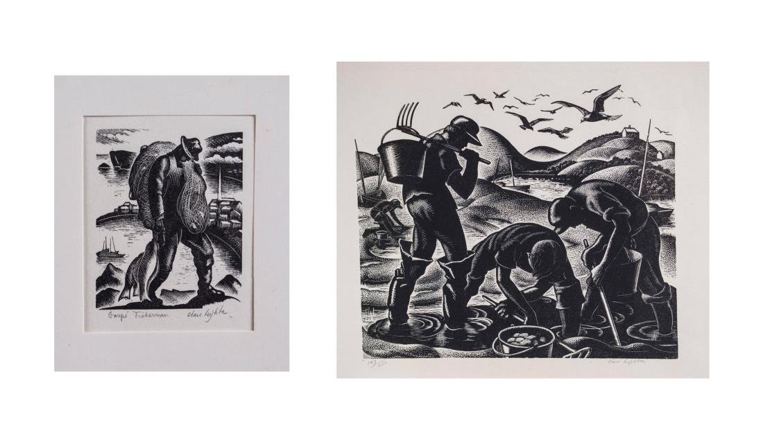 Two by Clare Leighton (Eng./Am., 1898-1989): Clam Diggers and Gaspe Fisherman. Woodcuts on paper, 1946 and 1948. Each signed (l.r.).Larger image size 7 1/4 x 7 3/4 inches. Both unframed. Notice to bidders: Condition reports and additional photog