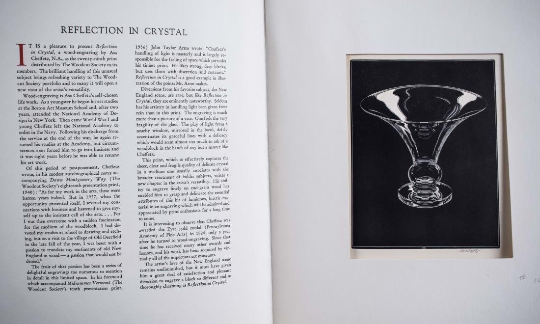 Asa Cheffetz (American, 1897-1965): Reflection in Crystal. Color woodcut on paper, 1946. Signed (l.r.). Image size 7 1/2 x 6 inches. In portfolio. Notice to bidders: Condition reports and additional photographs are provided by request a