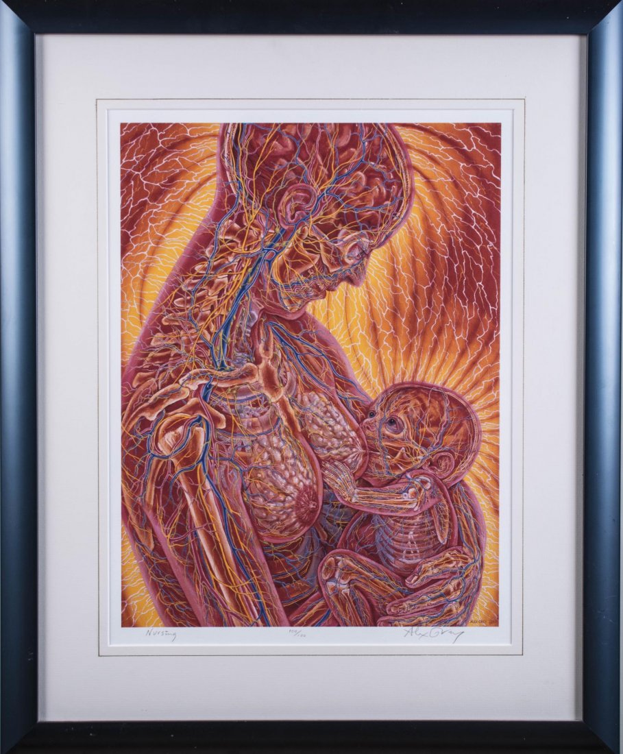 Alex Grey (American, b. 1953): Nursing. Silkscreen on paper, 1985. Signed and dated (l.r.), titled (l.l.), numbered 100/100 (l.c.). Image size 18 1/2 x 14 inches. Matted and framed. Notice to bidders: Condition reports and addition