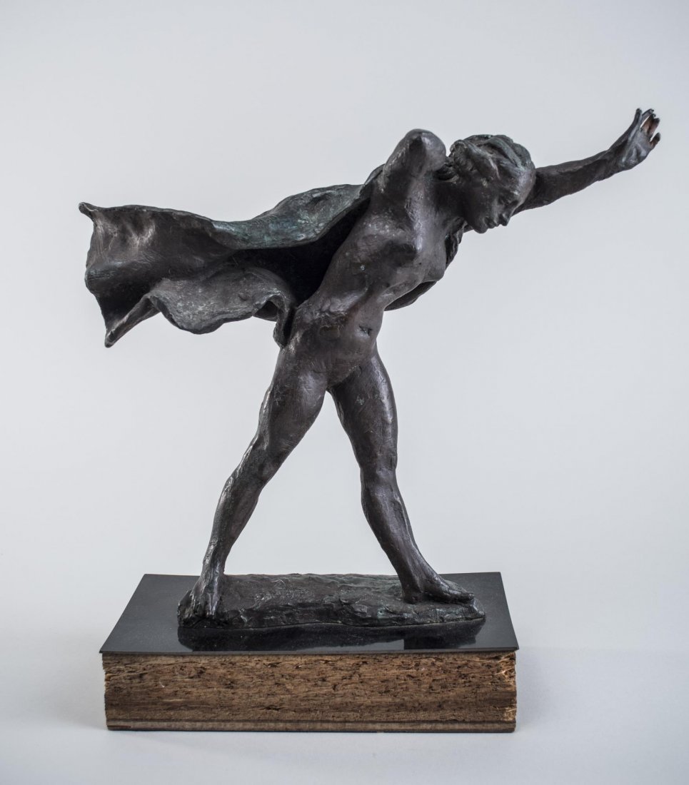 Continental School (20th Century): Against the wind. Patinated bronze. Height excluding base 11 1/2 inches. On base Notice to bidders: Condition reports and additional photographs are provided by request as a courtesy to our clients, a
