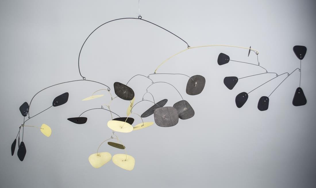 In the manner of Alexander Calder (Am. 1898-1976): Untitled. Kinetic sculpture, 1975. Initialed OB and dated. Width, at widest point, approximately 5 feet. Notice to bidders: Condition reports and additional photographs are provided by request as a co