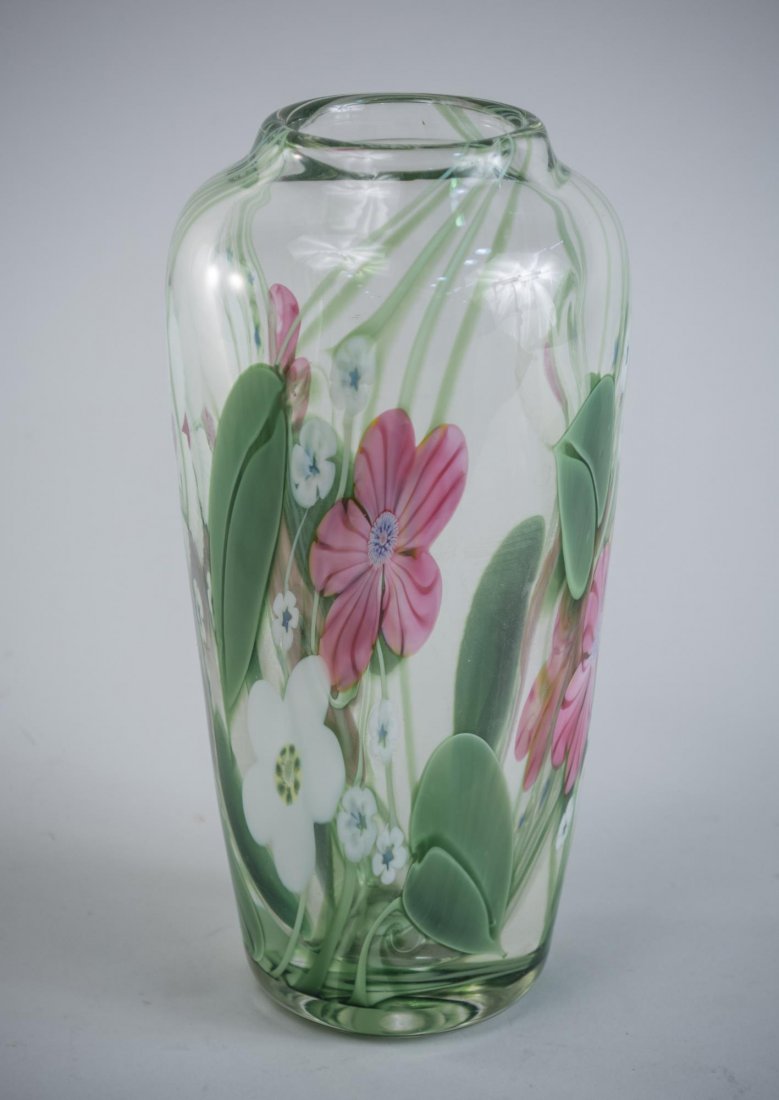 Orient & Flume Art Glass Vase: Pink and white floral decoration, signed on the bottom. Height 10 1/2 inches. Notice to bidders: Condition reports and additional photographs are provided by request as a courtesy to our clients, as s
