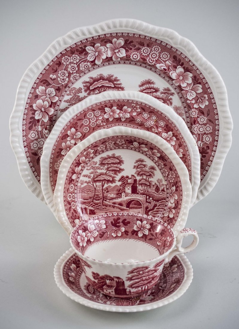 Assembled Set of English Transferware: Copeland Spode Tower red transferware, approximately one hundred and eighty pieces, comprising thirteen chargers, twenty four dinner plates, twenty one salad plates, twelve soup plates, seven bread pl