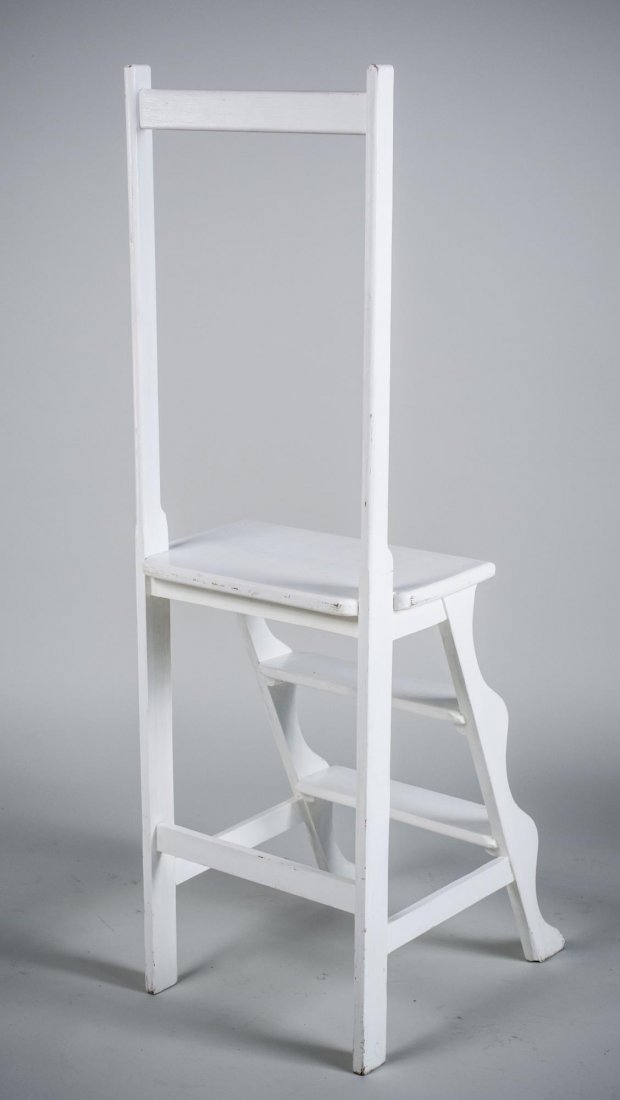 White Painted Library Steps: Three steps and chair back support handle. Height 48 inches, width 16 inches, depth 19 inches. Notice to bidders: Condition reports and additional photographs are provided by request as a courtesy to