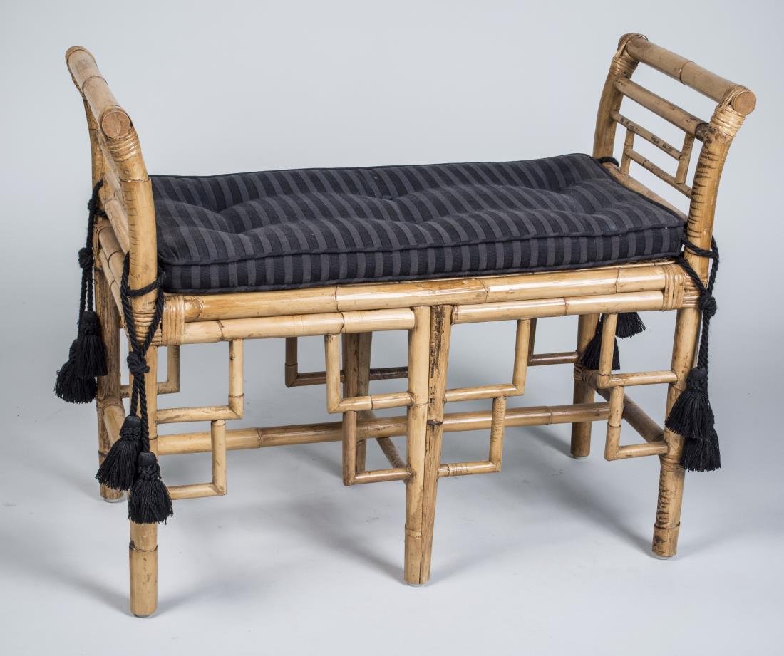 Faux Bamboo Window Bench: Rectangular seat with raised arm rests at each end, dark blue cushion. Height 26 inches, width 31 inches, depth 14 inches. Notice to bidders: Condition reports and additional photographs are provided 