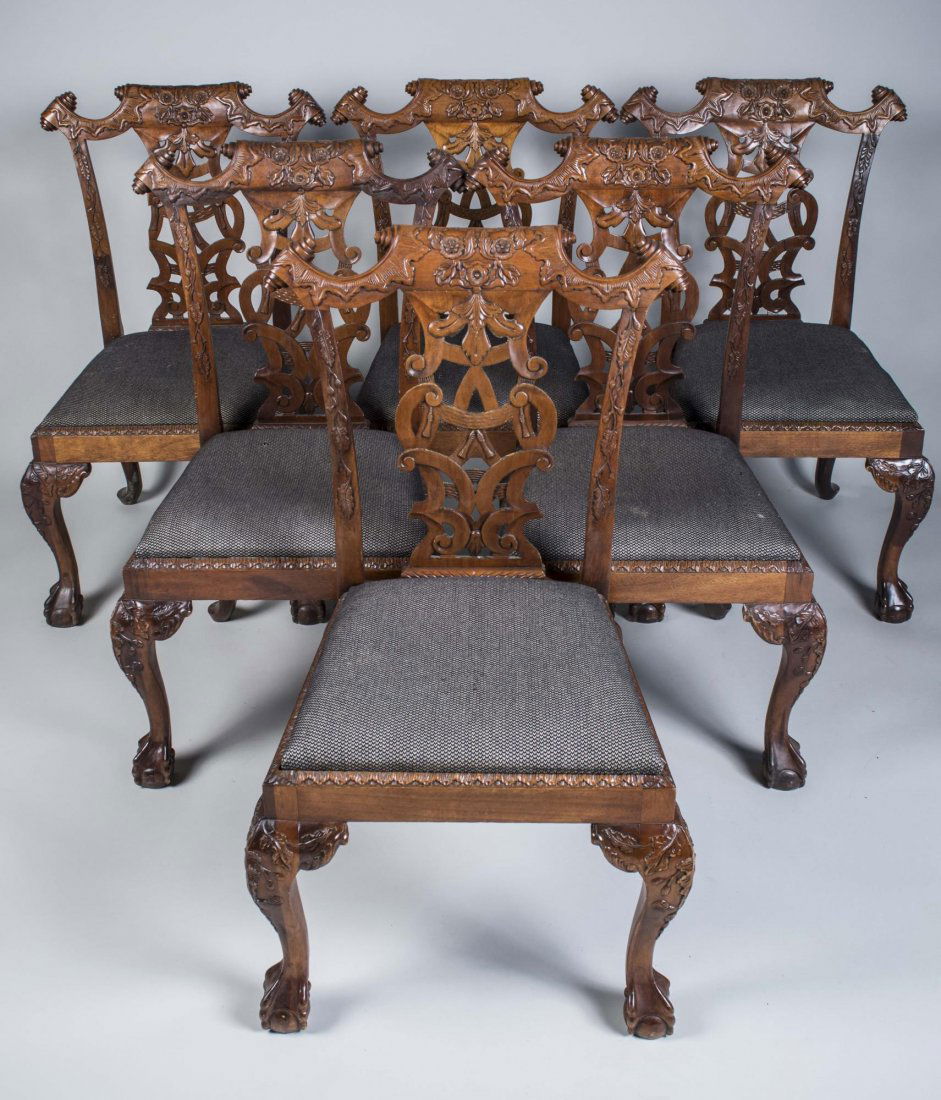Set of Six Chippendale Style Mahogany Chairs: Side chairs with grey wool hound's tooth print fabric upholstered seats, cabriole legs with carved knees ending in ball and claw feet. Height 40 inches, width 25 inches, depth 23 inches. Notice to bid