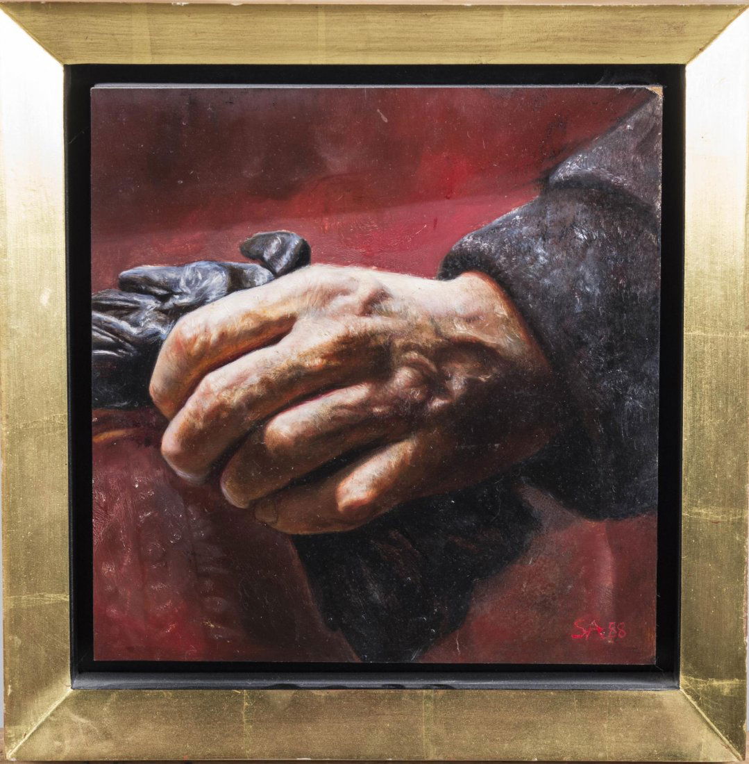 Steven Assael (American, b. 1957): Dad's hand. Oil on panel, 1988. Initialed and dated (l.r.). Sight size10 1/4 x 10 inches. Framed. Notice to bidders: Condition reports and additional photographs are provided by request as a courtesy