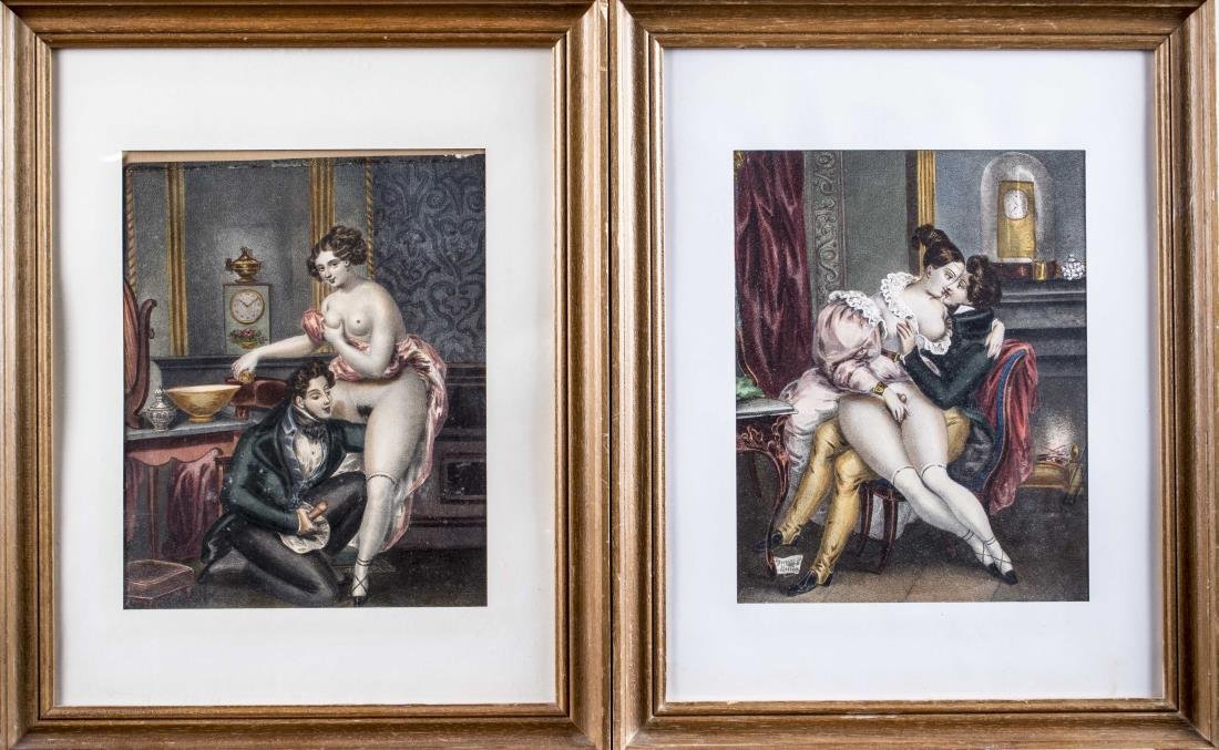 Two Attr. to Achille Deveria (French, 1800-1857): Erotic scenes. Color lithographs. Each sight size 9 1/4 x 7 1/4 inches. Matted and framed. Notice to bidders: Condition reports and additional photographs are provided by request as a courtesy to our